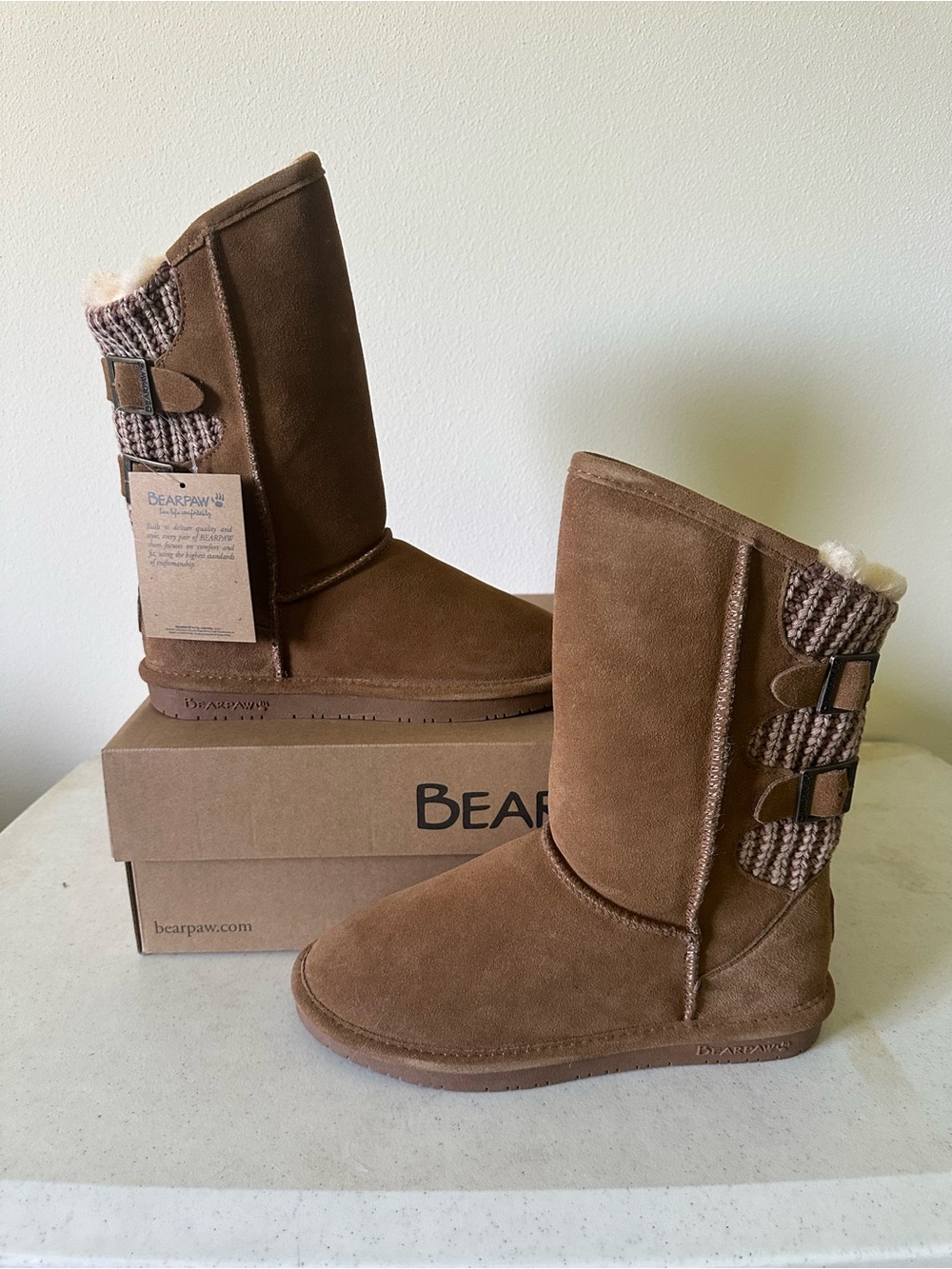 BEARPAW Boshie Women’s 8 Hickory Suede Sheepskin Knit Buckle Boots NWT